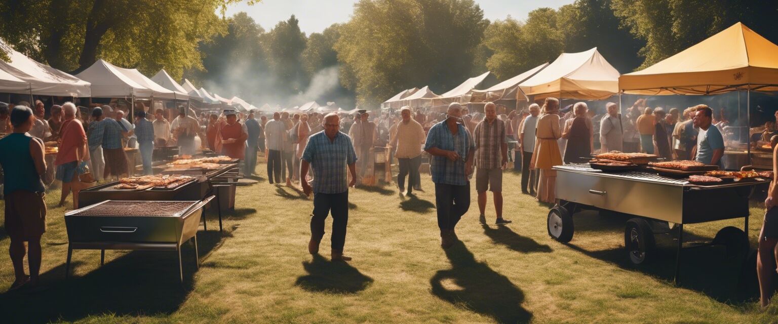 Crowd enjoying a barbecue festival with various stalls