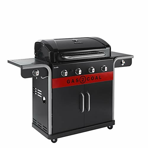 Black charcoal and gas combo grill with side shelves and control knobs.