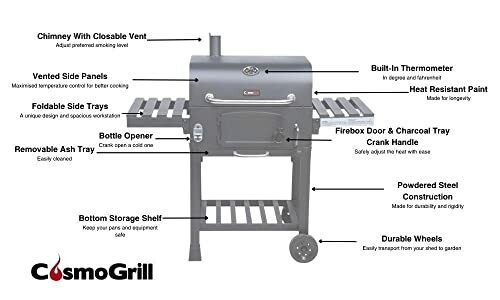 CosmoGrill charcoal BBQ with chimney, side trays, thermometer, bottle opener, and storage shelf.