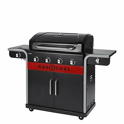 Gas2Coal grill with side shelves and control knobs.