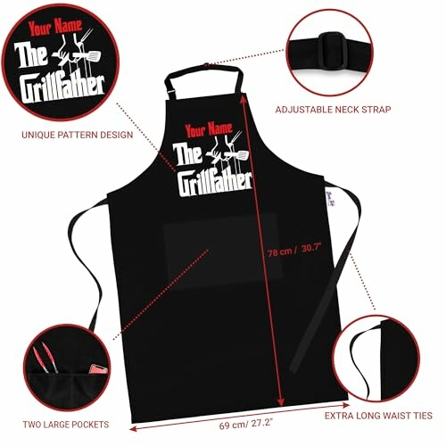 Black apron with 'The Grillfather' text, adjustable neck strap, large pockets, and extra long waist ties.