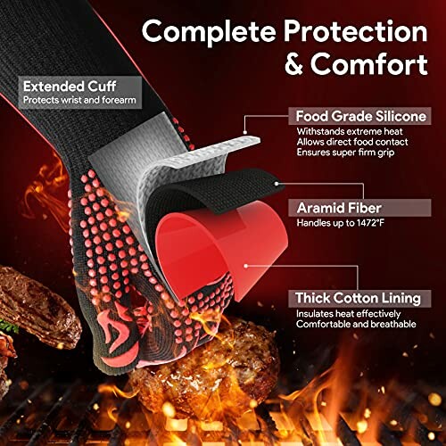 Heat-resistant grilling glove with layers for protection and comfort.