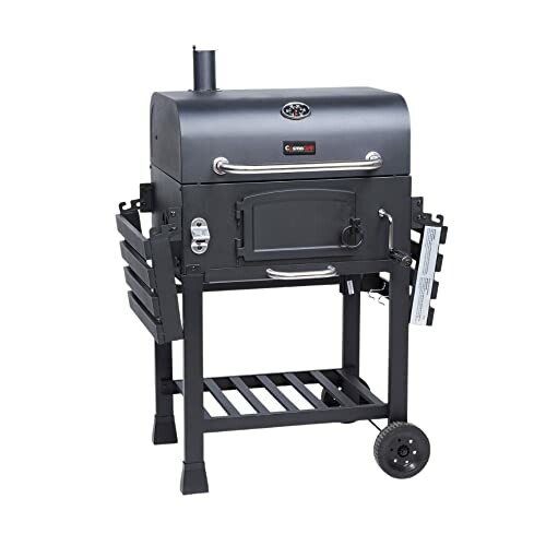 Outdoor charcoal grill with side shelves and storage rack